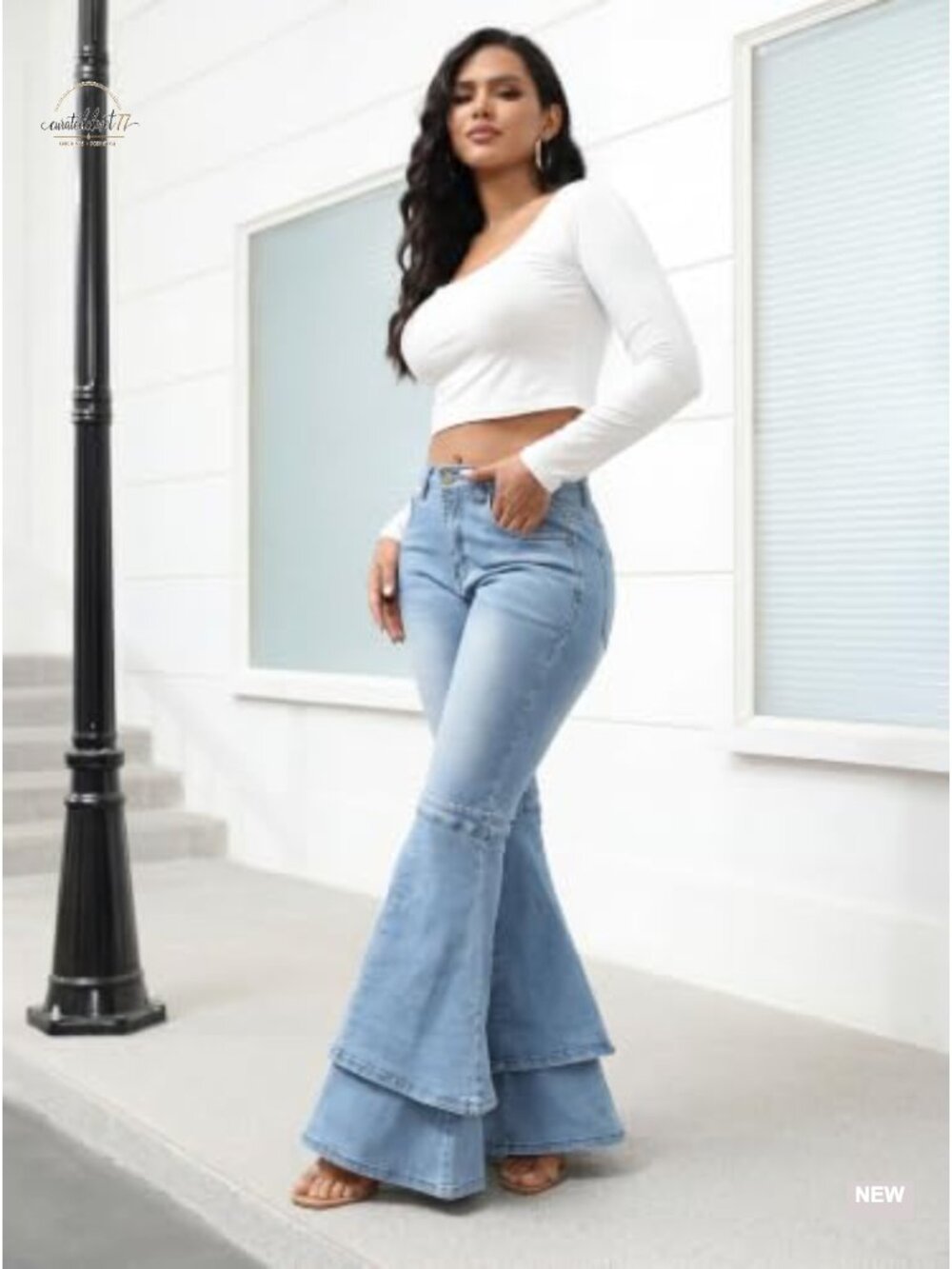 Stretch Ruffle Layered Hem Flared Bell Bottom Jeans - Picture 2 of 6